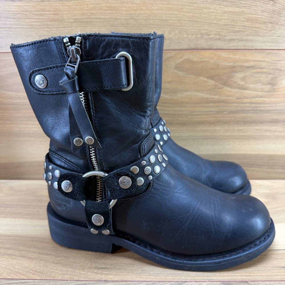 Harley Davidson Biker Harness Studded Boots Womens 6.5 M Black Leather Zipper
